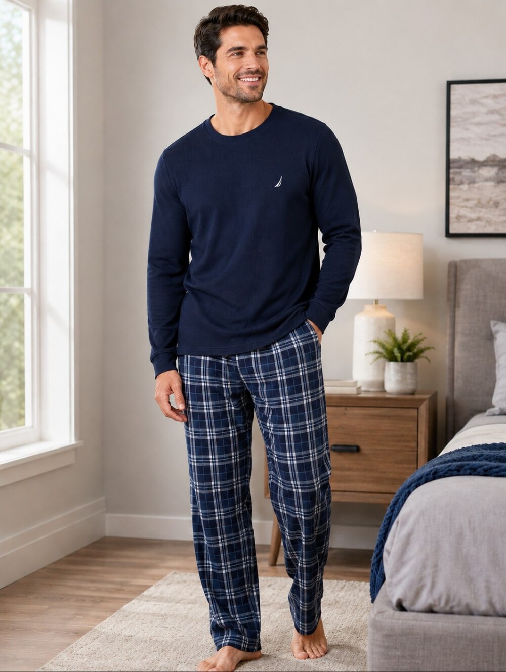 NWT Nautica Men’s Large Navy Waffle Knit Sleepwear Long Sleeve Top - Picture 2 of 5